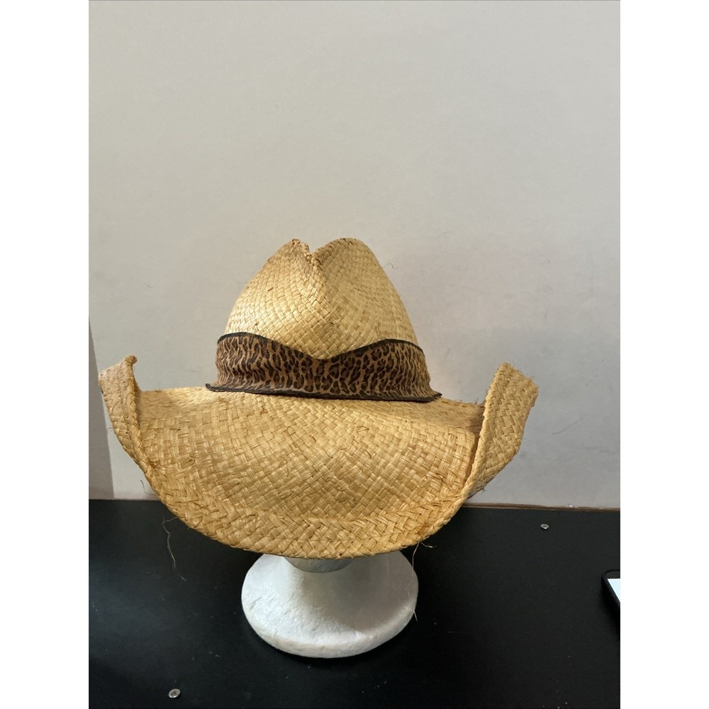 Shady Brady TAN Straw Cowboy Hat Western Large Made USA Leopard Print Band BENT